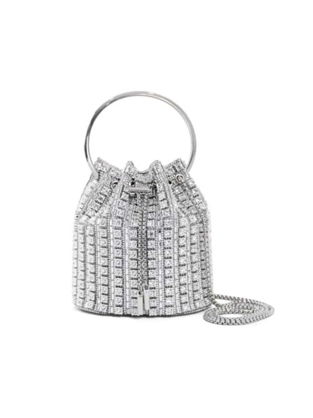 Crystal Rhinestone Bucket Bag with Gold Ring Handle & Chain Strap